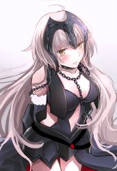Rule 34 | 1girl, ahoge, armor, armored dress, arms behind back, bare shoulders, blush, breasts, brown eyes, chain, cleavage, collarbone, cowboy shot, fate/grand order, fate (series), headpiece, jeanne d&#039;arc (fate), jeanne d&#039;arc alter (avenger) (fate), jeanne d&#039;arc alter (avenger) (third ascension) (fate), jeanne d&#039;arc alter (fate), long hair, looking at viewer, navel, omizu (omz), parted lips, ruler (fate/grand order), silver hair, solo, twitter username