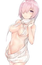 Rule 34 | 1girl, backless dress, backless outfit, breasts, cowboy shot, dress, fate/grand order, fate (series), hair over one eye, halterneck, highres, kyouki, large breasts, looking at viewer, mash kyrielight, meme attire, naked sweater, navel, purple eyes, purple hair, ribbed sweater, short hair, simple background, sketch, solo, sweater, sweater dress, turtleneck, turtleneck sweater, virgin killer sweater, wardrobe error, white background