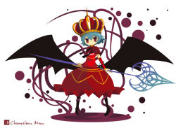 Rule 34 | 1girl, alternate costume, artist name, bad id, bad pixiv id, bat wings, black wings, blue hair, chameleon man (three), crown, dress, flat color, full body, gungnir (weapon), holding, holding weapon, large wings, looking at viewer, low wings, no lineart, no mouth, no nose, no pupils, purple eyes, red dress, red eyes, remilia scarlet, ribbon, short hair, solo, spear the gungnir, standing, touhou, weapon, wings