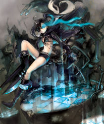 Rule 34 | 10s, 1girl, arm cannon, bad id, bad pixiv id, belt, bikini, bikini top only, black hair, black rock shooter, black rock shooter (character), blue eyes, boots, chain, checkered floor, coat, female focus, flat chest, front-tie top, glowing, glowing eyes, hoshikako (koz), long hair, midriff, navel, scar, shorts, solo, swimsuit, sword, twintails, vocaloid, weapon