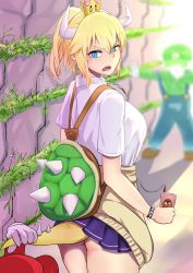 Rule 34 | 1girl, 2boys, alternate costume, ass, bag, bberba (ls5837907), blonde hair, blue eyes, bowsette, bracelet, breasts, cabbie hat, clothes lift, collared shirt, crown, drink, drinking straw, earrings, from behind, goomba, green hat, hat, highres, jewelry, large breasts, looking back, luigi, mario, mario (series), multiple boys, new super mario bros. u deluxe, nintendo, open mouth, pleated skirt, pointy ears, ponytail, red hat, school uniform, serafuku, sharp teeth, shirt, short sleeves, skirt, skirt lift, spiked bracelet, spiked shell, spikes, super crown, tail, teeth