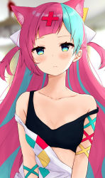 Rule 34 | 1girl, animal ear fluff, animal ears, aqua eyes, aqua hair, bare shoulders, black bra, blurry, blurry background, blush, bra, breasts, cat ears, closed mouth, collarbone, commentary request, cross hair ornament, depth of field, dress, hair ornament, haru (re ilust), highres, kemonomimi mode, long hair, looking at viewer, multicolored hair, pink hair, pinky pop hepburn, single strap, small breasts, solo, sports bra, strap slip, the moon studio, two-tone hair, two side up, underwear, upper body, virtual youtuber, white dress