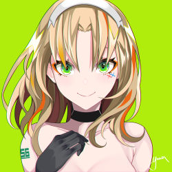 Rule 34 | 1girl, absurdres, bad id, bad pixiv id, black choker, black gloves, breasts, brown hair, choker, closed mouth, collarbone, darling in the franxx, eyebrows hidden by hair, gloves, green background, green eyes, hairband, hand up, highres, kokoro (darling in the franxx), light brown hair, long hair, looking at viewer, medium breasts, multicolored hair, orange hair, parted bangs, signature, simple background, smile, solo, streaked hair, upper body, white hairband, yuuta (yuuta0312)
