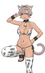 Rule 34 | 1girl, absurdres, animal ear fluff, animal ears, animal print, arm up, armpits, bell, bikini, borrowed character, breasts, cat tail, commentary, cow ears, cow horns, cow print, cow print bikini, dark-skinned female, dark skin, detached leggings, feet, foot out of frame, grey hair, grey tail, hand on own hip, headband, highres, horns, kara (vertigris), large breasts, legs, navel, navel piercing, neck bell, original, parted bangs, piercing, print bikini, sandals, sedai, short hair, side-tie bikini bottom, simple background, solo, standing, standing on one leg, swimsuit, symbol-only commentary, tail, toenails, toes, v, white background, wrist belt, yellow eyes