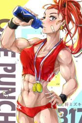 Rule 34 | 1girl, abs, blue eyes, bottle, breasts, captain mizuki, earrings, hand on own hip, high ponytail, highres, jewelry, looking at viewer, medium breasts, midriff, mr.lime, muscular, muscular female, one-punch man, one eye closed, ponytail, red hair, short shorts, shorts, solo, sports bra, sweat, track and field, track uniform, water bottle, wristband