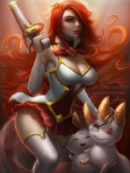 Rule 34 | 1girl, alternate costume, alternate hairstyle, bare shoulders, boots, breasts, cleavage, detached sleeves, dress, green eyes, gun, hair ornament, hair over one eye, handgun, large breasts, league of legends, lipstick, lolliedrop, long hair, looking at viewer, magical girl, makeup, nail polish, orange hair, pistol, miss fortune (league of legends), short dress, solo, star (symbol), star guardian (league of legends), star guardian miss fortune, thigh boots, thighhighs, weapon