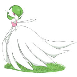 Rule 34 | 1girl, arm up, bare shoulders, bob cut, colored skin, creatures (company), dress, elbow gloves, female focus, flat chest, full body, game freak, gardevoir, gen 3 pokemon, gloves, grass, green hair, hair over one eye, highres, looking at viewer, mega gardevoir, mega pokemon, nintendo, no mouth, one eye covered, outstretched arm, pink eyes, pokemon, pokemon (creature), rve, short hair, simple background, solo, standing, strapless, strapless dress, white background, white dress, white gloves, white skin