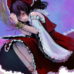 Rule 34 | 1girl, bare shoulders, bdsm, black hair, bondage, bound, bound wrists, detached sleeves, female focus, hakurei reimu, own hands clasped, highres, japanese clothes, lips, meeeeeji, meiji (charisma serve), miko, own hands together, red eyes, solo, touhou