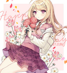 Rule 34 | 1girl, ahoge, akamatsu kaede, artist name, backpack, bag, blonde hair, blush, border, breasts, collared shirt, commentary request, cowboy shot, dalrye v3, danganronpa (series), danganronpa v3: killing harmony, dated, eighth note, flower, fortissimo, hair ornament, happy birthday, highres, holding, long hair, long sleeves, looking at viewer, musical note, musical note hair ornament, necktie, open mouth, orange necktie, pink background, pink eyes, pink flower, pink sweater vest, pink vest, pleated skirt, print skirt, school uniform, shirt, skirt, smile, solo, sweater vest, vest, white bag, white border, white flower, white shirt