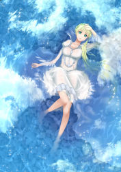 Rule 34 | 10s, 1girl, absurdres, afloat, aldnoah.zero, aqua eyes, arm up, asseylum vers allusia, bare legs, barefoot, blonde hair, breasts, ccjn, dress, floating, highres, long hair, partially submerged, reflection, solo, sparkle, water, wet, wet clothes, white dress
