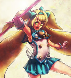 Rule 34 | 1girl, arc system works, armpits, bad id, bad pixiv id, bell, blazblue, blazblue: continuum shift, blonde hair, cowbell, gloves, heart, long hair, platinum the trinity, quad tails, skirt, solo, symbol-shaped pupils, two side up, very long hair