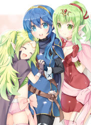Rule 34 | 3girls, :d, ^ ^, armor, ass, bad id, bad pixiv id, blue eyes, blue hair, blush, bow, breasts, circlet, cleavage, closed eyes, fingerless gloves, fire emblem, fire emblem: mystery of the emblem, fire emblem awakening, garter straps, girl sandwich, gloves, green eyes, hair ribbon, holding hands, long hair, looking at viewer, lucina (fire emblem), medium breasts, miwabe sakura, multiple girls, nintendo, nowi (fire emblem), open mouth, pauldrons, pink legwear, pointy ears, ponytail, red gloves, ribbon, sandwiched, shoulder armor, simple background, smile, tiki (adult) (fire emblem), tiki (fire emblem), white background