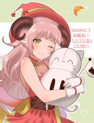 Rule 34 | 1girl, ;), bare arms, bare shoulders, blush, cat, closed mouth, copyright name, croissant, curled horns, dress, flag, food, gloves, hat, horns, hugging doll, hugging object, iriam, long hair, looking at viewer, myusha, one eye closed, pink dress, pink hair, pointy ears, red hat, ribbon trim, sidelocks, sleeveless, sleeveless dress, smile, solo, turtleneck, turtleneck dress, underbust, upper body, virtual youtuber, wavy hair, white gloves, yellow eyes