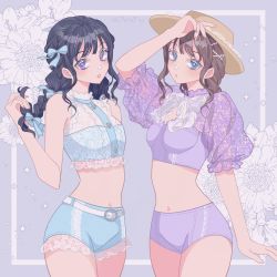 Rule 34 | 2girls, :o, arm behind back, bikini, black hair, blue bikini, blue eyes, blue ribbon, boater hat, bow, bra, braid, breasts, brown hair, bustier, buttons, crop top, fashion, floral background, hair ornament, hair ribbon, hairclip, hand on headwear, hat tip, highres, holding, holding own hair, lace, lace-trimmed tube top, lace bra, lace sleeves, lace trim, modeling, multiple girls, okitafuji, pants, pearl hair ornament, photo-referenced, purple background, purple bikini, purple eyes, ribbon, see-through, see-through sleeves, short shorts, shorts, strapless, swankiss (brand), swimsuit, tight clothes, tight pants, tube top, underwear, underwear only