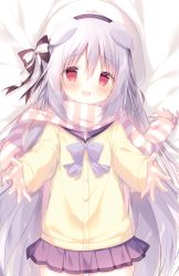 Rule 34 | 1girl, :d, animal ears, bed sheet, beret, black bow, blush, bow, cardigan, commentary request, dakimakura (medium), dog ears, fang, fringe trim, grey hair, hair between eyes, hair bow, hat, highres, long hair, long sleeves, looking at viewer, lying, on back, open mouth, original, pleated skirt, purple bow, red eyes, sailor collar, scarf, shiratama (shiratamaco), shiroi inu, skirt, sleeves past wrists, smile, solo, striped clothes, striped scarf, very long hair, white hat, yellow cardigan