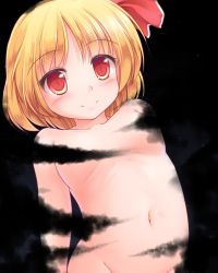 Rule 34 | 1girl, belly, black background, blonde hair, blush, breasts, eyebrows, groin, hair ribbon, highres, looking at viewer, lzh, navel, nude, red eyes, red ribbon, ribbon, rumia, short hair, simple background, small breasts, smile, solo, touhou, upper body