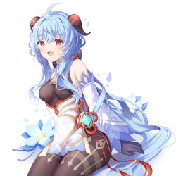 Rule 34 | 1girl, absurdres, ahoge, bare shoulders, bell, black gloves, black legwear, blue flower, blue hair, blush, breasts, chinese knot, detached sleeves, flower, flower knot, ganyu (genshin impact), genshin impact, glaze lily, gloves, gold trim, highres, horns, koki (latte1023), long hair, looking at viewer, medium breasts, neck bell, open mouth, purple eyes, red rope, rope, sidelocks, sitting, smile, solo, tassel, thighlet, vision (genshin impact), white background, white sleeves