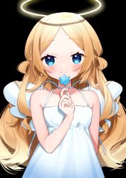 Rule 34 | 1girl, bad id, bad pixiv id, bare arms, bare shoulders, black background, blonde hair, blue eyes, blush, candy, closed mouth, collarbone, dress, food, glowing, halo, hand up, holding, holding candy, holding food, holding lollipop, lollipop, long hair, looking at viewer, mini wings, original, parted bangs, simple background, sleeveless, sleeveless dress, smile, solo, very long hair, white dress, white wings, wings, yamabukiiro