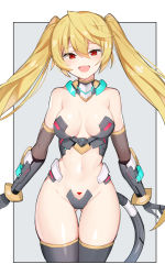 Rule 34 | 1girl, absurdres, blonde hair, blush, breasts, cleavage, du007 nute, fang, gluteal fold, highres, korean commentary, looking at viewer, medium breasts, navel, open mouth, red eyes, serin199, smile, soccer spirits, solo, standing, twintails