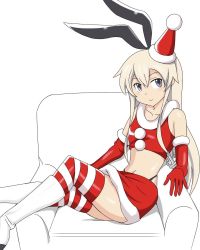 Rule 34 | 1girl, adapted costume, anchor hair ornament, animal ears, blonde hair, boots, breasts, chair, commentary request, crop top, easy chair, elbow gloves, fake animal ears, fur trim, gloves, grey eyes, hair between eyes, hair ornament, hairband, hat, highres, inoue kousei, kantai collection, legs together, long hair, looking at viewer, navel, rabbit ears, santa costume, santa hat, shimakaze (kancolle), sidelocks, sitting, skirt, sleeveless, small breasts, smile, solo, striped clothes, striped thighhighs, thighhighs