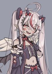 Rule 34 | 1girl, black gloves, black shirt, black skirt, blush, bow, cowlick, detached sleeves, flat chest, gloves, grey background, hand on own chest, head tilt, highres, horns, kiirokuma, looking at viewer, multicolored hair, phase connect, red bow, red hair, remilia nephys, shirt, sketch, skirt, smile, solo, streaked hair, twintails, virtual youtuber, white hair