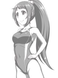 Rule 34 | 10s, 1girl, competition swimsuit, covered navel, cowboy shot, greyscale, groin, hair bobbles, hair ornament, hands on own hips, idolmaster, idolmaster cinderella girls, long hair, monochrome, one-piece swimsuit, pataneet, ponytail, simple background, smile, solo, swimsuit, wakabayashi tomoka