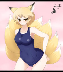 Rule 34 | 1girl, animal ears, blonde hair, breasts, female focus, fox ears, fox tail, gradient background, one-piece swimsuit, pandain, solo, swimsuit, tail, touhou, wavy mouth, yakumo ran, yellow eyes