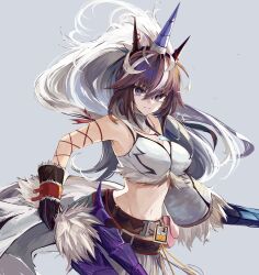 Rule 34 | 1girl, absurdres, aqa, arknights, belt, black gloves, breasts, brown belt, brown hair, closed mouth, commentary, cowboy shot, crop top, detached sleeves, fake horns, fur-trimmed gloves, fur trim, gloves, grey background, hair between eyes, highres, holding, holding weapon, horns, jewelry, kirin (armor), kirin r yato (arknights), large breasts, long hair, looking at viewer, mane, mole, mole under eye, monster hunter (series), multicolored hair, navel, necklace, pendant, purple eyes, simple background, single detached sleeve, single glove, solo, standing, stomach, streaked hair, two-tone hair, weapon, white hair, yato (arknights)