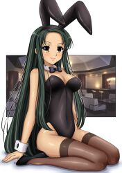 Rule 34 | 1girl, absurdres, alternate costume, animal ears, black bow, black bowtie, black footwear, black hairband, black leotard, bow, bowtie, breasts, brown thighhighs, closed mouth, commentary request, cosplay, couch, detached collar, fake animal ears, forehead, full body, green hair, gurobeya, hairband, high heels, highres, indoors, large breasts, leotard, lips, long hair, looking at viewer, over-kneehighs, playboy bunny, rabbit ears, revealing clothes, seiza, shadow, simple background, sitting, smile, solo, suzumiya haruhi no yuuutsu, thighhighs, tsuruya, very long hair, white background, wrist cuffs