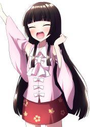Rule 34 | 1girl, adapted costume, arm up, armpit peek, black hair, blouse, blunt bangs, blush, bow, bowtie, closed eyes, commentary request, cowboy shot, detached sleeves, head tilt, highres, hime cut, houraisan kaguya, leaf print, long hair, long sleeves, miniskirt, open mouth, pink shirt, red skirt, shirt, sidelocks, simple background, skirt, solo, standing, teeth, touhou, tsukimirin, upper teeth only, very long hair, white background, white bow, white bowtie, wide sleeves