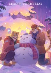 Rule 34 | 2boys, absurdres, animal ears, bara, brown footwear, christmas, coat, cold, denim, english text, fangs, fangs out, furry, furry male, furry with furry, green eyes, highres, holding snowman, hood, hooded coat, jeans, kneeling, male focus, mittens, multiple boys, open mouth, orange coat, orange fur, original, outdoors, pants, pine tree, scarf, seamonsterping, shoes, short hair, smile, snow, snowing, snowman, squatting, striped clothes, striped scarf, tail, thick eyebrows, tiger boy, tiger ears, tiger stripes, tiger tail, tree, winter, winter clothes, winter coat, yaoi, yellow eyes
