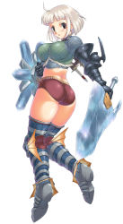 Rule 34 | 1girl, ass, boots, brown hair, capcom, character request, full body, gauntlets, highres, looking at viewer, monster hunter (series), shield, short hair, shorts, simple background, solo, sword, uchiu kazuma, weapon, white hair