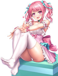 Rule 34 | 1girl, ass, bang dream!, bare shoulders, blush, breasts, feet, frills, lambda (kusowarota), looking at viewer, maruyama aya, medium breasts, no shoes, open mouth, panties, pink eyes, pink hair, sitting, smile, soles, solo, thighhighs, toes, twintails, underwear, white thighhighs