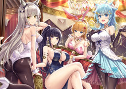 Rule 34 | 4girls, ahoge, animal ears, aqua hair, arm strap, armlet, ass, black dress, black gloves, black legwear, blonde hair, blue eyes, blunt bangs, blurry, blurry background, bokeh, bow, bracelet, breast rest, breasts, champagne flute, character request, choker, cleavage, closed mouth, criss-cross halter, crossed legs, cup, depth of field, dress, drinking glass, earrings, elbow gloves, fake animal ears, gloves, hair bow, hair ornament, hairband, hairclip, halterneck, hand on own chest, highres, indoors, jewelry, ks (xephyrks), lanmei, lanmewko, large breasts, leotard, light brown hair, long dress, medium breasts, multiple girls, original, pantyhose, parted lips, pelvic curtain, playboy bunny, prehensile hair, purple eyes, purple hair, rabbit ears, rabbit tail, second-party source, sidelocks, sitting, smile, standing, tail, wrist cuffs, yellow eyes