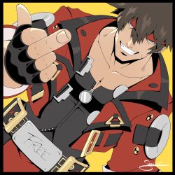 Rule 34 | 1boy, black gloves, brown eyes, brown hair, fingerless gloves, forehead protector, gloves, guilty gear, guilty gear strive, headband, highres, its just suppi, jacket, long hair, looking at viewer, male focus, middle finger, muscular, muscular male, red jacket, simple background, smile, sol badguy, spiked hair, upper body, yellow background