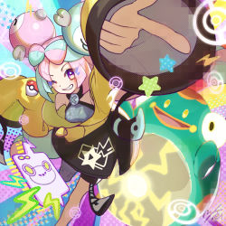 Rule 34 | 1girl, aqua hair, arm up, bellibolt, breasts, character hair ornament, colored skin, creatures (company), game freak, gen 4 pokemon, green skin, hair ornament, highres, holding, holding poke ball, iono (pokemon), lightning bolt symbol, long hair, looking at viewer, low-tied long hair, multicolored hair, nintendo, open mouth, phone, pink eyes, pink hair, pointing, poke ball, poke ball (basic), pokemon, pokemon (creature), pokemon sv, rotom, rotom phone, sharp teeth, signature, smile, star (symbol), teeth, tom (pixiv10026189), two-tone hair, very long hair