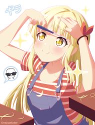 Rule 34 | 1girl, arms up, artist name, bang dream!, blonde hair, blunt bangs, blush, closed mouth, collarbone, commentary, cutting hair, cutting own hair, despuntater, diagonal bangs, english commentary, extra, highres, holding, holding scissors, katakana, long hair, looking up, overall shorts, overalls, red shirt, scissors, severed hair, shirt, short sleeves, sidelocks, smile, solo focus, sparkle, standing, striped clothes, striped shirt, sunglasses, sweat, translation request, tsurumaki kokoro, upper body, white background, yellow eyes