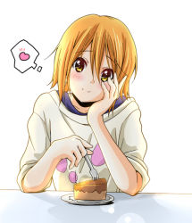 Rule 34 | 1girl, alternate costume, alternate hairstyle, arm support, blush, brown eyes, brown hair, cake, casual, collarbone, dresstrip, food, fork, hair down, hand on own face, head tilt, heart, k-on!, looking at viewer, plate, short hair, simple background, sleeves rolled up, smile, solo, tainaka ritsu, white background