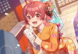 Rule 34 | 1girl, ahoge, blurry, blurry background, day, depth of field, floral print, flower, furisode, hair flower, hair ornament, hair up, holding, holding paper, idolmaster, idolmaster shiny colors, japanese clothes, kamille (vcx68), kimono, komiya kaho, lens flare, long sleeves, looking at viewer, medium hair, obi, omikuji, open mouth, paper, pointing, pov, print kimono, red eyes, red hair, sash, smile, sparkle, standing, temple
