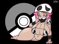 Rule 34 | 1girl, bandana, bikini, black background, breasts, covering own mouth, creatures (company), game freak, half-closed eyes, hat, highres, jyto, large breasts, legs, looking at viewer, matching hair/eyes, navel, nintendo, pink eyes, pink hair, poke ball symbol, pokemon, pokemon sm, short hair, solo, swimsuit, team skull grunt, thick thighs, thighs, wristband