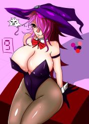 Rule 34 | 1girl, anger vein, annoyed, arc system works, ass, bare shoulders, black sclera, blazblue, blazblue: central fiction, breasts, cleavage, colored sclera, covered erect nipples, detached collar, gloves, hair over one eye, hat, highleg, highleg leotard, highres, huge breasts, konoe a. mercury, leotard, long hair, looking at viewer, orange eyes, pantyhose, parted lips, phantom (blazblue), pink hair, shiny clothes, shiny skin, sitting, solo, witch hat, wrist cuffs