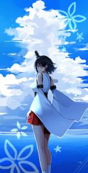 Rule 34 | 1girl, black hair, blue sky, cloud, day, detached sleeves, dress, feet out of frame, from behind, hair ornament, highres, horizon, kantai collection, katsuobushi (eba games), looking at viewer, looking back, ocean, outdoors, pleated dress, red eyes, red skirt, reflection, short hair, skirt, sky, solo, standing, wide sleeves, yamashiro (kancolle)