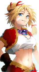 Rule 34 | 1girl, bead necklace, beads, blonde hair, blue eyes, blurry, breasts, brown gloves, chrono cross, cleavage, cowboy shot, depth of field, facepaint, gloves, hair ribbon, hand on own hip, highres, jacket, jewelry, kid (chrono cross), leather, leather gloves, looking at viewer, medium breasts, medium hair, midriff, navel, necklace, otton, ponytail, ribbon, short sleeves, simple background, smile, solo, spiked hair, strapless, tube top, twitter username, white background
