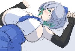 Rule 34 | 1girl, akatsuki akane, backless outfit, black gloves, blue hat, blue necktie, blue skirt, blush, breasts, brid (nikke), colored inner hair, elbow gloves, fingerless gloves, garrison cap, gloves, goddess of victory: nikke, green eyes, green hair, grey hair, hair over one eye, hat, high-waist skirt, huge breasts, long hair, looking at viewer, low-tied long hair, lying, mole, mole on breast, multicolored hair, necktie, on back, shirt, simple background, sketch, skirt, sleeveless, solo, two-tone hair, unfinished, white background, white shirt