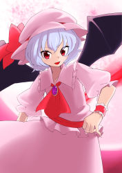 Rule 34 | 1girl, ascot, bat wings, blouse, blue hair, bow, brooch, cowboy shot, fang, hat, hat bow, highres, jewelry, kameyan, looking at viewer, mob cap, moon, open mouth, red eyes, remilia scarlet, sash, shirt, short hair, skirt, skirt set, solo, touhou, wings, wrist cuffs