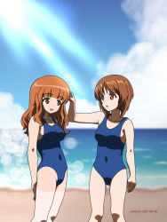 Rule 34 | 2girls, artist name, beach, blue one-piece swimsuit, blunt bangs, blurry, blurry background, bokeh, brown eyes, brown hair, cloud, cloudy sky, commentary, dated, day, depth of field, girls und panzer, hand in another&#039;s hair, highres, horizon, long hair, looking at another, multiple girls, naotosi, nishizumi miho, ocean, one-piece swimsuit, open mouth, orange eyes, orange hair, outdoors, school swimsuit, short hair, sky, smile, standing, swimsuit, takebe saori, tan, tanline