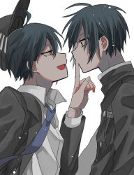 Rule 34 | 2boys, :d, ahoge, baseball cap, black hair, black jacket, blue necktie, buttons, collared shirt, danganronpa (series), danganronpa v3: killing harmony, dual persona, eye contact, finger to another&#039;s mouth, hat, highres, index finger raised, jacket, kasou (roomno404 ), long sleeves, looking at another, multiple boys, necktie, official alternate costume, open clothes, open jacket, open mouth, orange eyes, saihara shuichi, shirt, short hair, smile, upper body