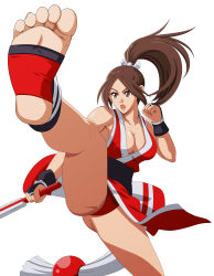 Rule 34 | 1girl, absurdres, barefoot, breasts, fatal fury, feet, hand fan, highres, kicking, kuroi ohagi, large breasts, ponytail, shiranui mai, simple background, snk, soles, tagme, toeless legwear, toes, white background