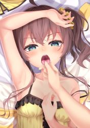 Rule 34 | 1girl, absurdres, ahoge, arm over head, arm up, armpits, bare arms, bare shoulders, bed sheet, blush, breasts, brown hair, camisole, collarbone, commentary request, frilled camisole, frills, green eyes, hair ornament, hair scrunchie, hand on own chest, hand up, heart, heart-shaped pupils, highres, hololive, long hair, looking at viewer, natsuiro matsuri, natsuiro matsuri (matsuri&#039;s day off), open mouth, pov, saliva, scrunchie, side ponytail, solo focus, starkamisan, strap slip, symbol-shaped pupils, tongue, tongue grab, tongue out, upper body, v-shaped eyebrows, virtual youtuber