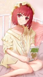 Rule 34 | 1girl, arima kana, bare legs, bed, bedroom, bob cut, book, closed mouth, commentary request, fuwafuwatsuru2, hat, highres, holding, holding book, inverted bob, light blush, light smile, looking at viewer, on bed, oshi no ko, pajamas, red eyes, red hair, short hair, sitting, smile, yellow headwear, yellow pajamas